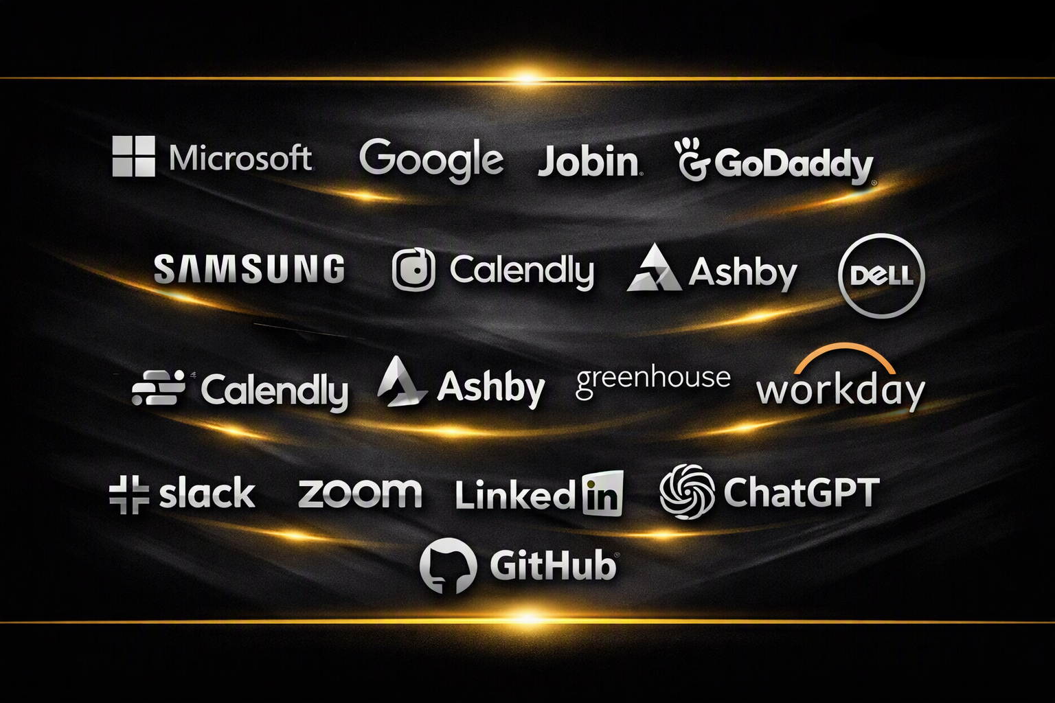 RPOPRO technology partners including Microsoft, Google, Jobin, GoDaddy, Samsung, Calendly, Ashby, Dell, Greenhouse, Workday, Slack, Zoom, LinkedIn, ChatGPT, and GitHub